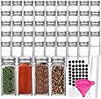 48 Pack 4 oz 120 ml Clear Glass Spice & Salts Jars Bottles, Square Glass Seasoning Jars With Aluminum Silver Metal Caps and Pour/Sift Shaker Lid. 1 Pen,80 Black Labels and 1 Fold able Wide Funnel.