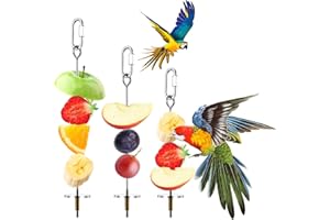 Weewooday 3 Pcs Bird Cage Food Holder Parrot Bird Feeder Toy Stainless Steel Fruit Kabob Clip Treats Cage Skewer Foraging Hanging Small Animal Vegetable Stick Feeder for Parakeet Cockatoo Cockatiel