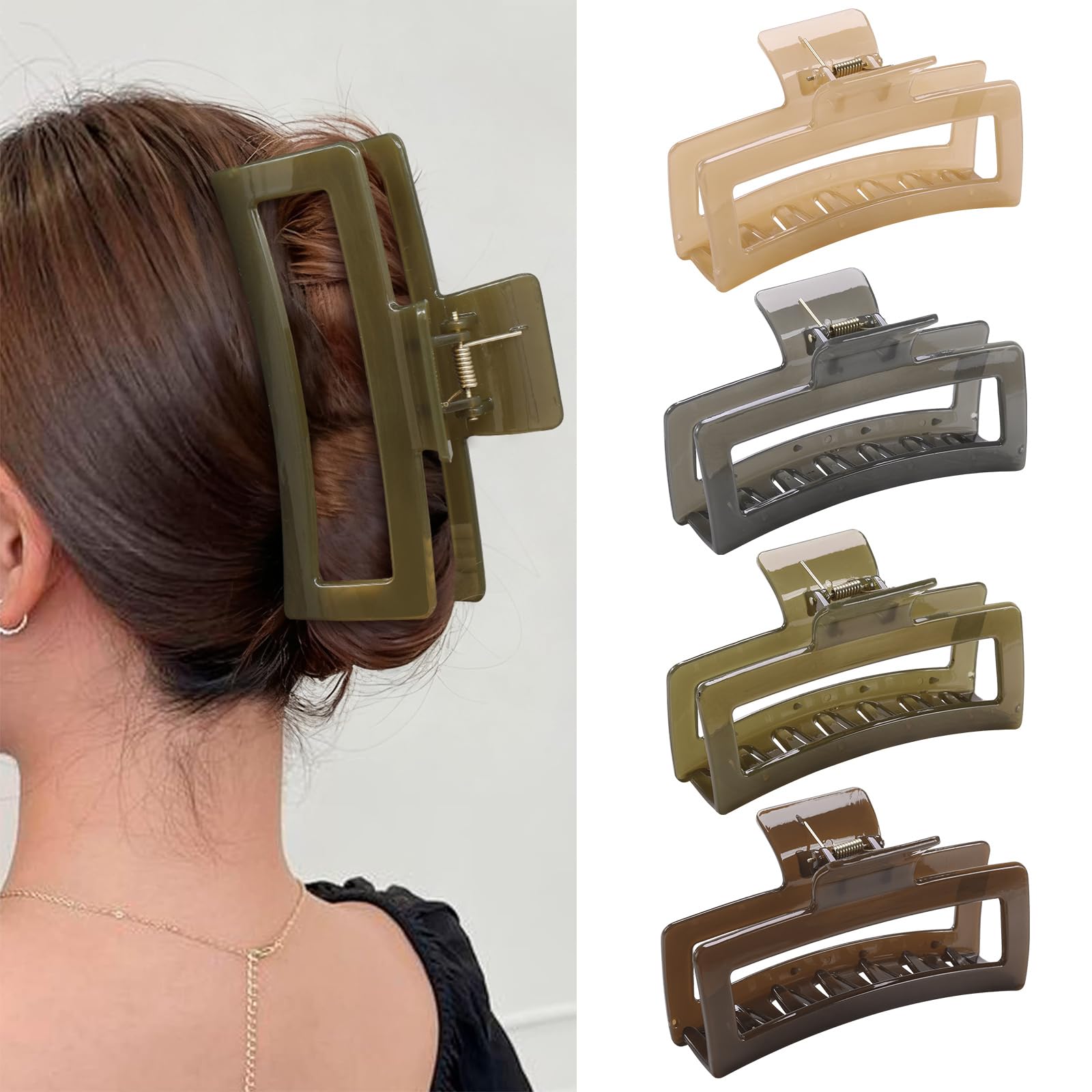 Photo 1 of 5 Inch Extra Large Claw Clips for Thick and Long Hair, 4 Pack XL Jumbo Clear Jelly Rectangle Hair Clips, Oversized Matte Non-Slip Strong Hold Jaw Clips for Women in Brown, Grey, and Light Green