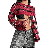 SweatyRocks Women's Crochet Shrug Striped Crop Sweater Long Sleeve Tops Cover Up Bolero Shrugs
