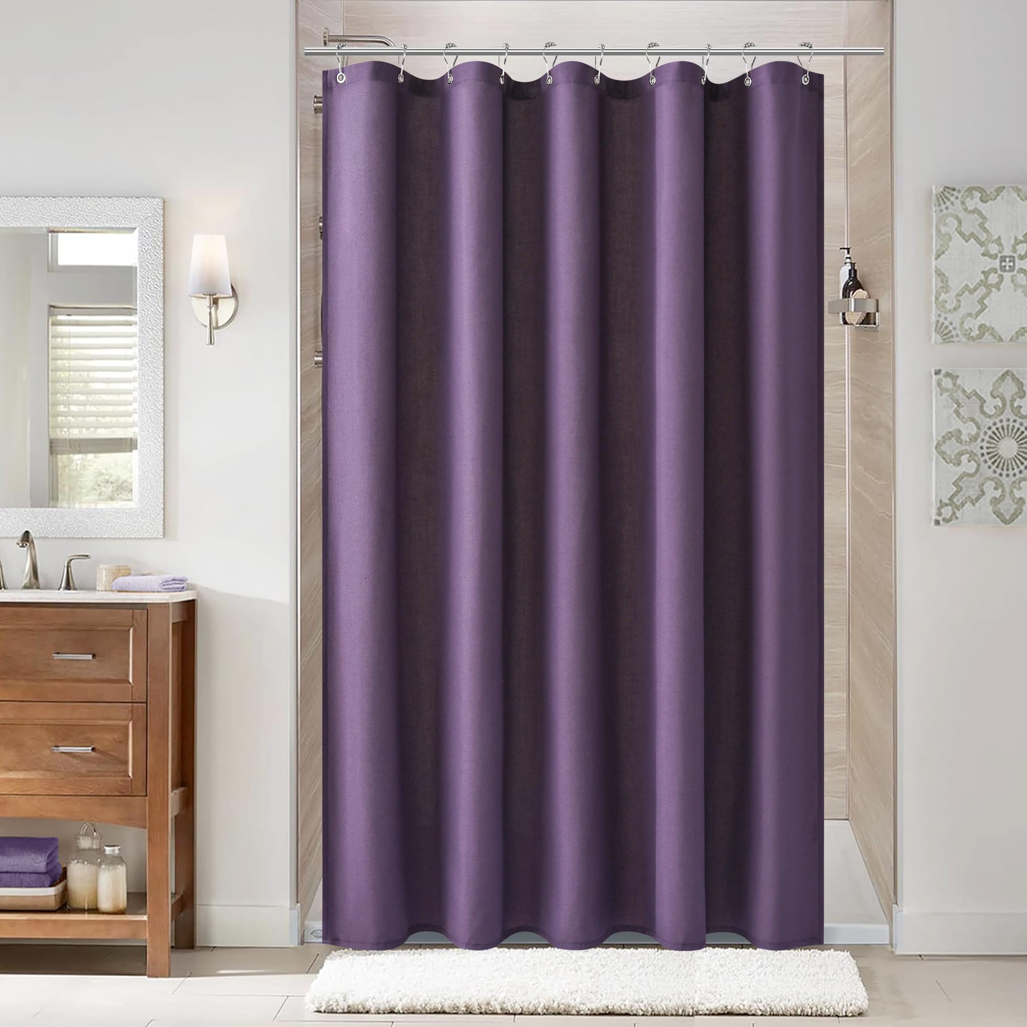 Naturoom Purple 54 Inch Shower Curtain - Stall Narrow Half Linen Ultra Thick Fabric Shower Curtain Set with Hooks, Boho Farmhouse Rustic RV Camper Bath Curtains for Bathroom, 54x78 Image
