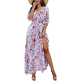 UEAL Womens Half Sleeve Wrap V Neck Chiffon Floral Casual Maxi Dress Spring Summer Wedding Guest Dresses for Women 2025