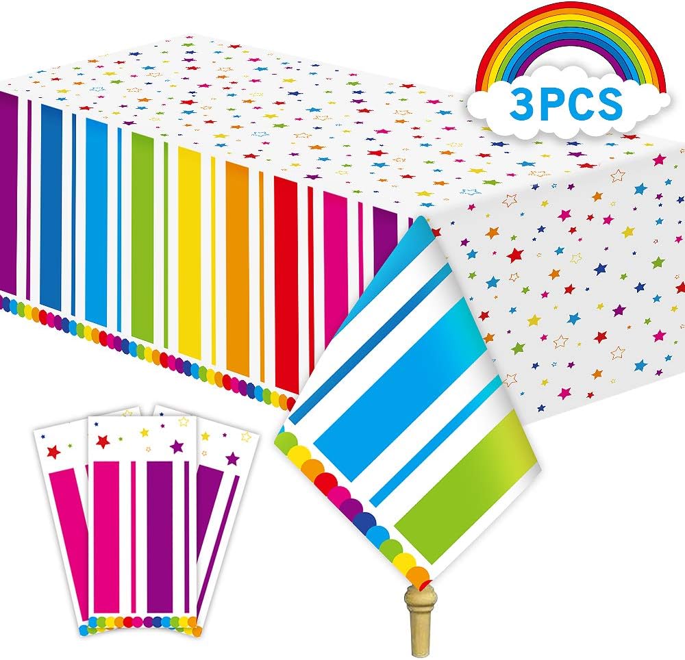 YIQIHAI 3 Pack Rainbow Birthday Tablecloth, 108 x 54 inches Table Cover Plastic Disposable Polka Dot Rectangular Tablecover for Birthday Party Baby Shower Supplies Decorations