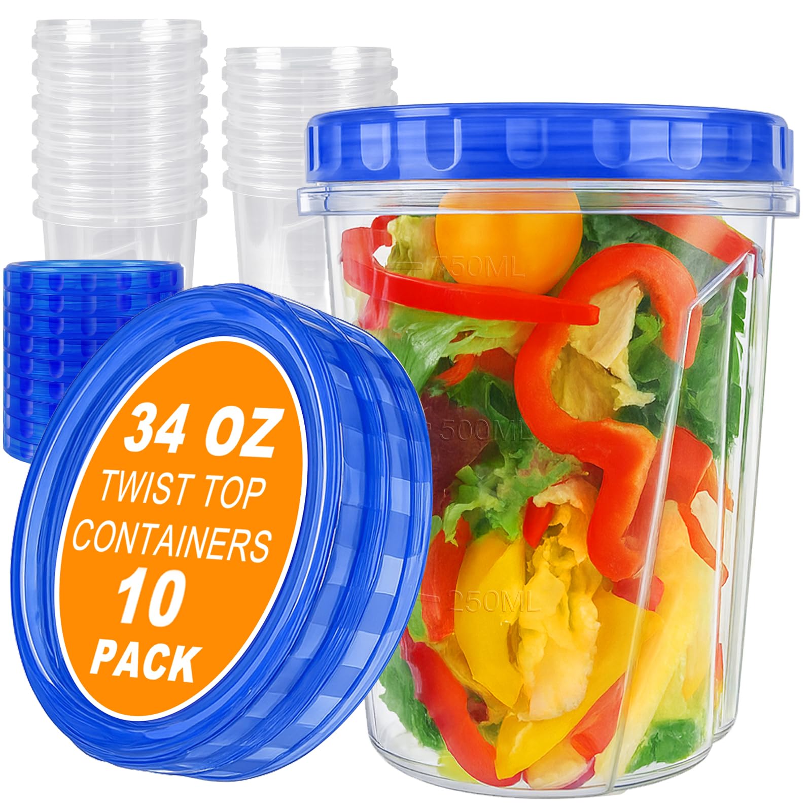 Photo 1 of 10 Pack 34oz Reusable Freezer Food Storage Containers with Twist Top Lids, Airtight Plastic Meal Prep Food Containers for Leftover Lunch Fruit Salad Oats, Clear Large Soup Container Microwave Safe