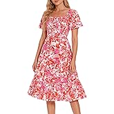 Bbonlinedress Womens Casual Floral Summer Smocked Beach Party Boho Midi Square Neck Dress