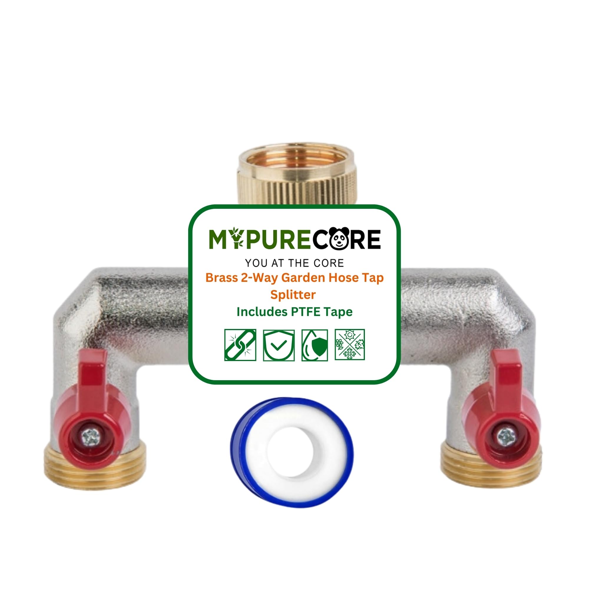MYPURECORE Brass 2-Way Garden Hose Tap Splitter with PTFE Tape – Durable 3/4" Outdoor Tap Connector with Individual Valves | Brass Hose Connector for Garden Irrigation, Hosepipe Fittings & Adapters
