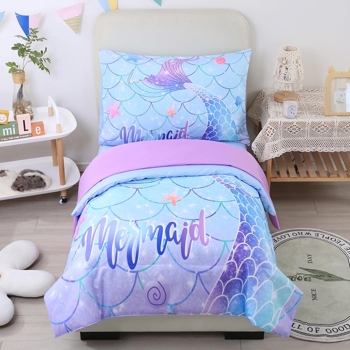 STYHO Blue Toddler Duvet Cover Set Colorful Mermaid Tail Printed Cot Bedding Set Soft Reversible Gradient Toddler Bedding Set(Blue Mermaid, Cot Bed) — image 1