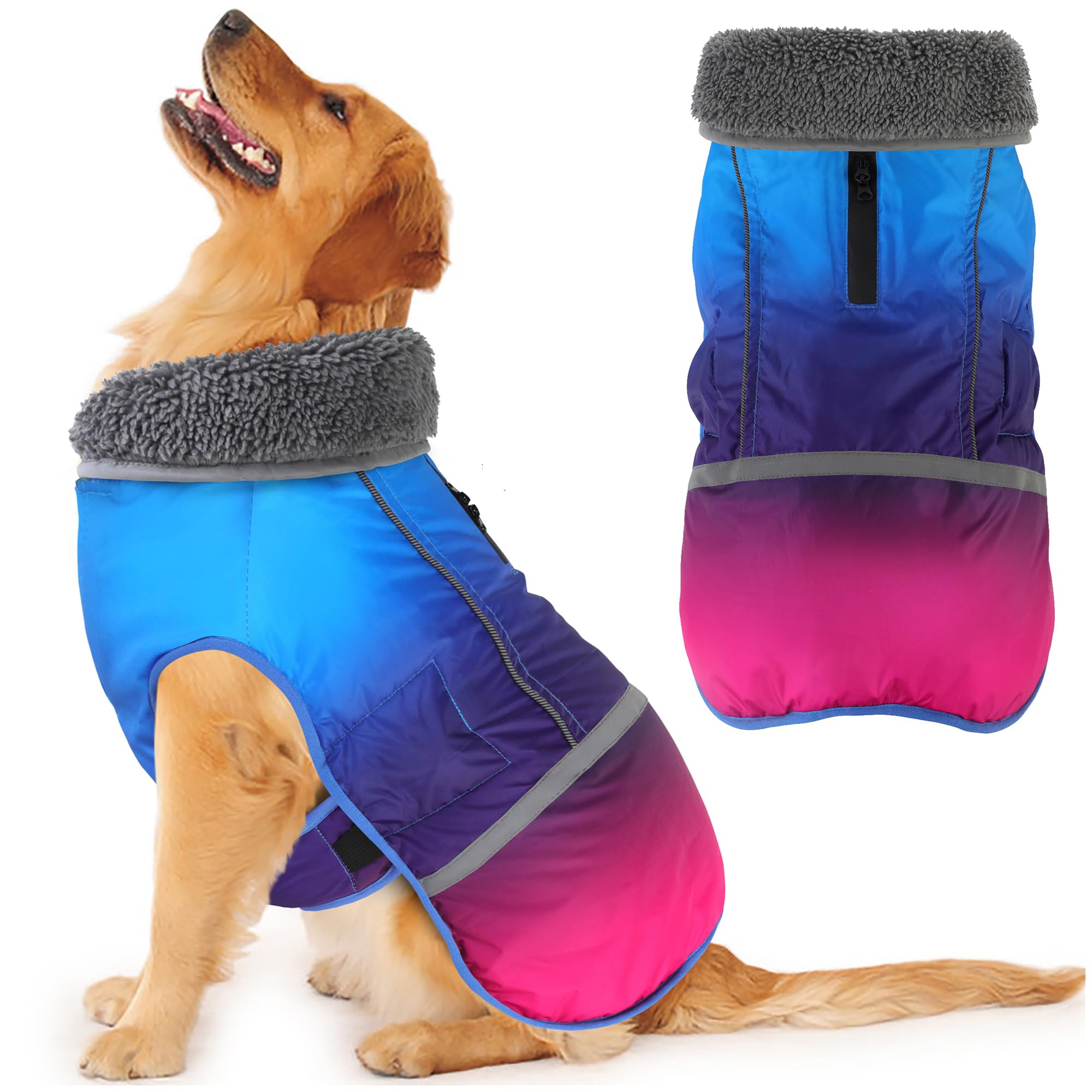 Dogcheer Warm Dog Coat, Waterproof Dog Winter Jacket Christmas Puppy Cold Weather Coats with Buckle, Reflective Adjustable Pet Snow Jacket for Small Medium Large Dogs - Gradient Blue-red, 3XL Image