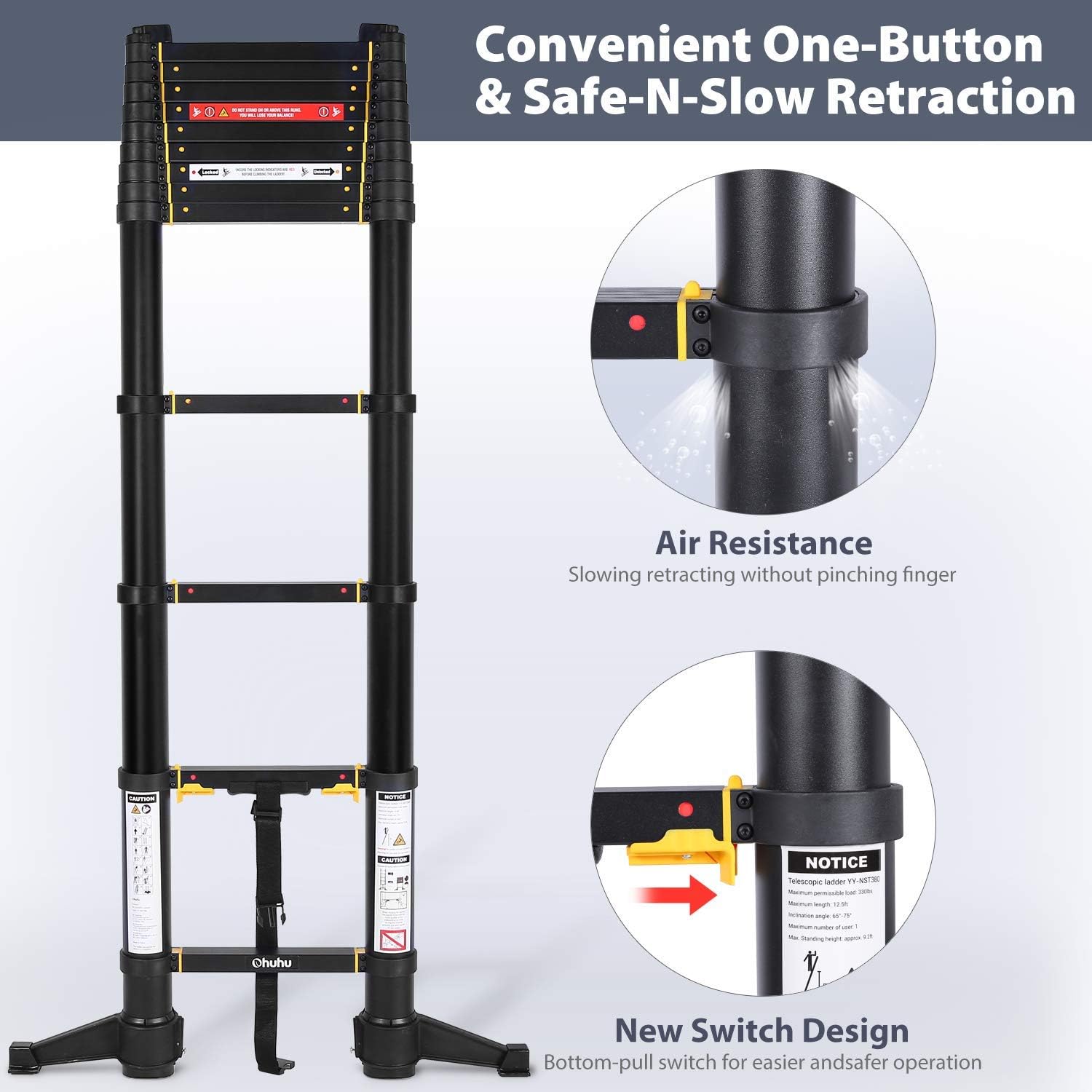 Ohuhu 12.5 FT Premium Aluminum Telescoping Ladder, ONE-Button RETRACTION ANSI Certified Patented Design Extension Ladder, 2020 All New Heavy Duty Extendable Telescopic Ladder with 330 Pound Capacity - - 