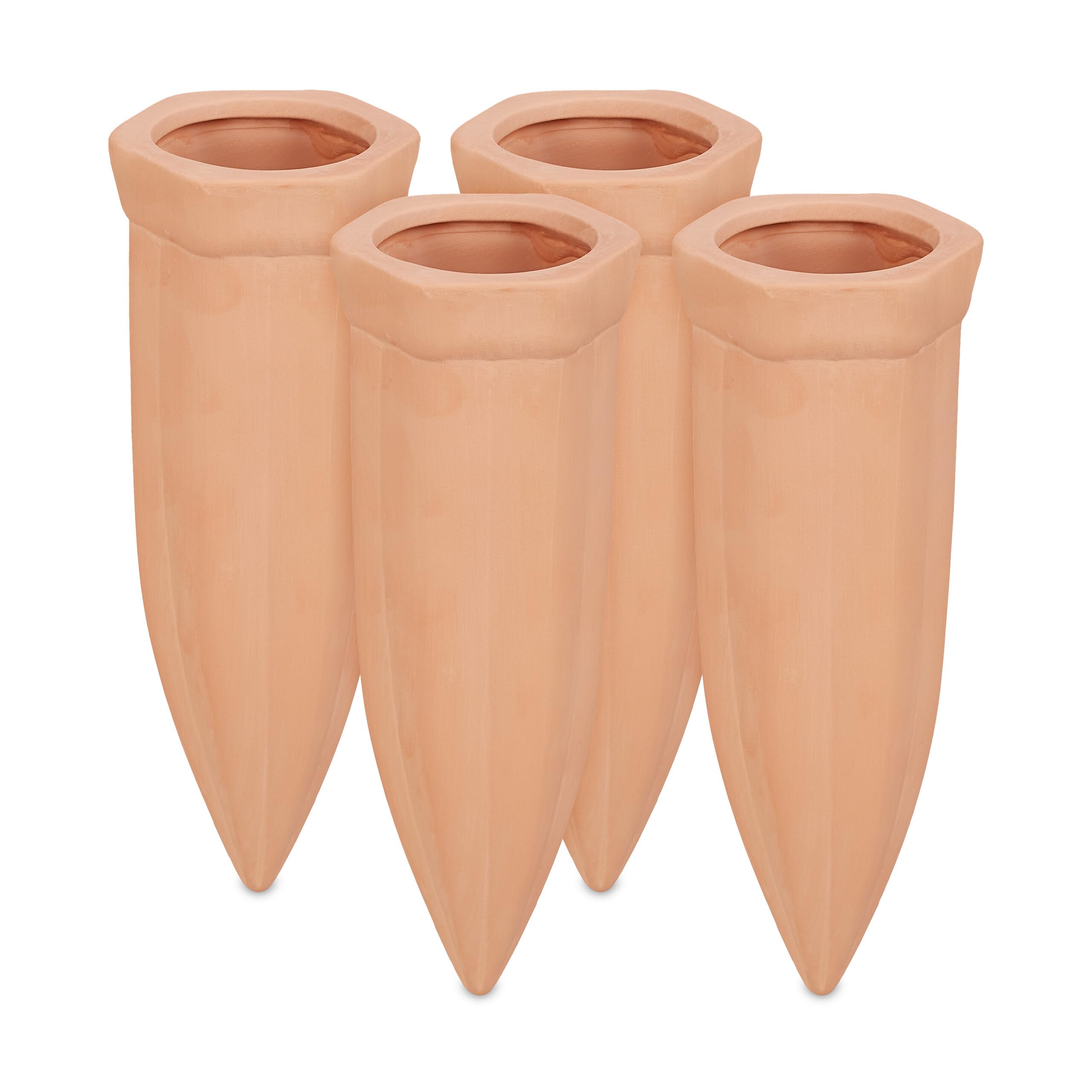 Relaxdays watering spikes, 4x clay plant waterers, self-watering system, use with 1.5 l bottles, 5.5x5x15cm, terracotta