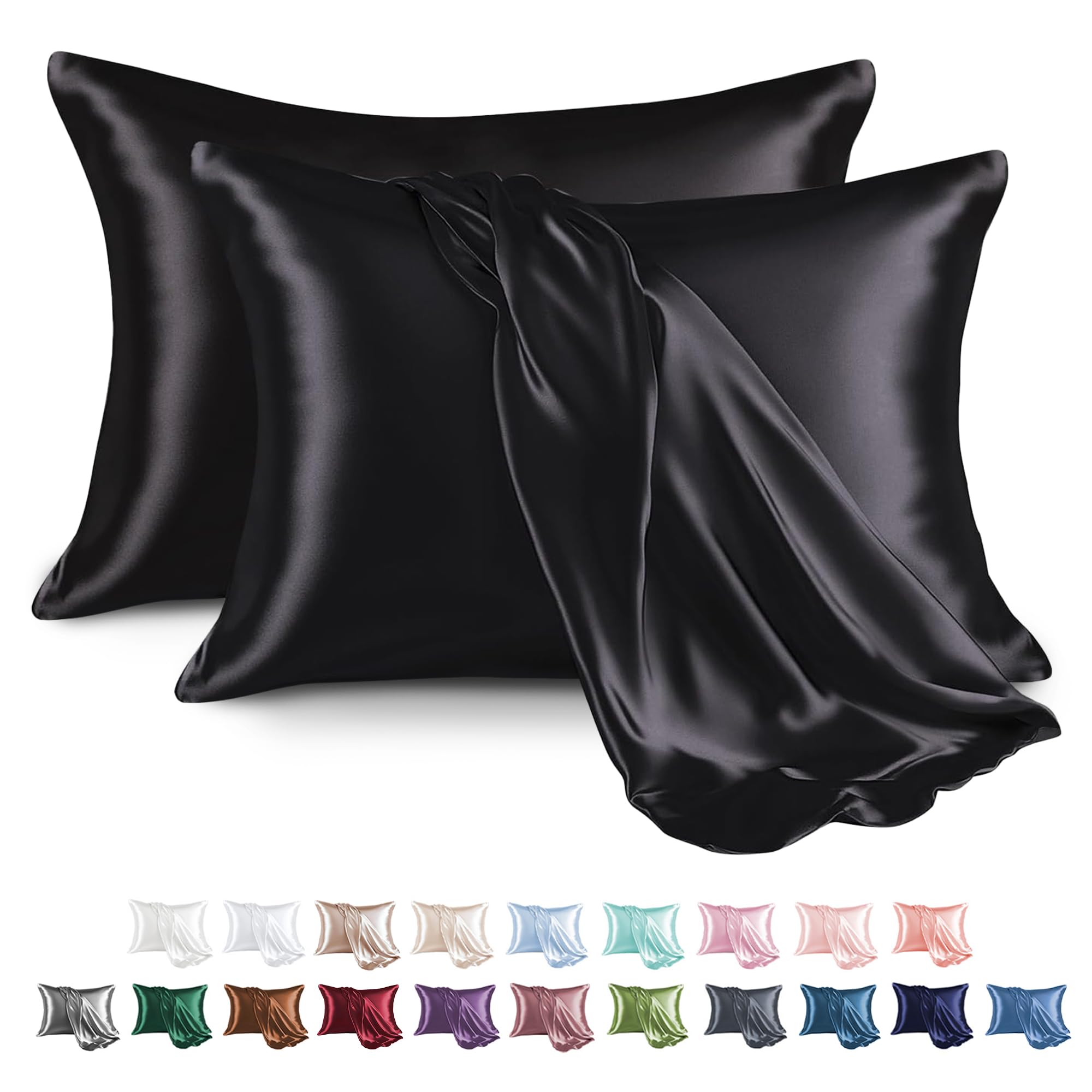 Photo 1 of MR&HM Satin Pillowcase for Hair and Skin, Silk Satin Pillowcase 2 Pack, King Size Pillow Cases Set of 2, Silky Pillow Cover with Envelope Closure (20x36, Black)