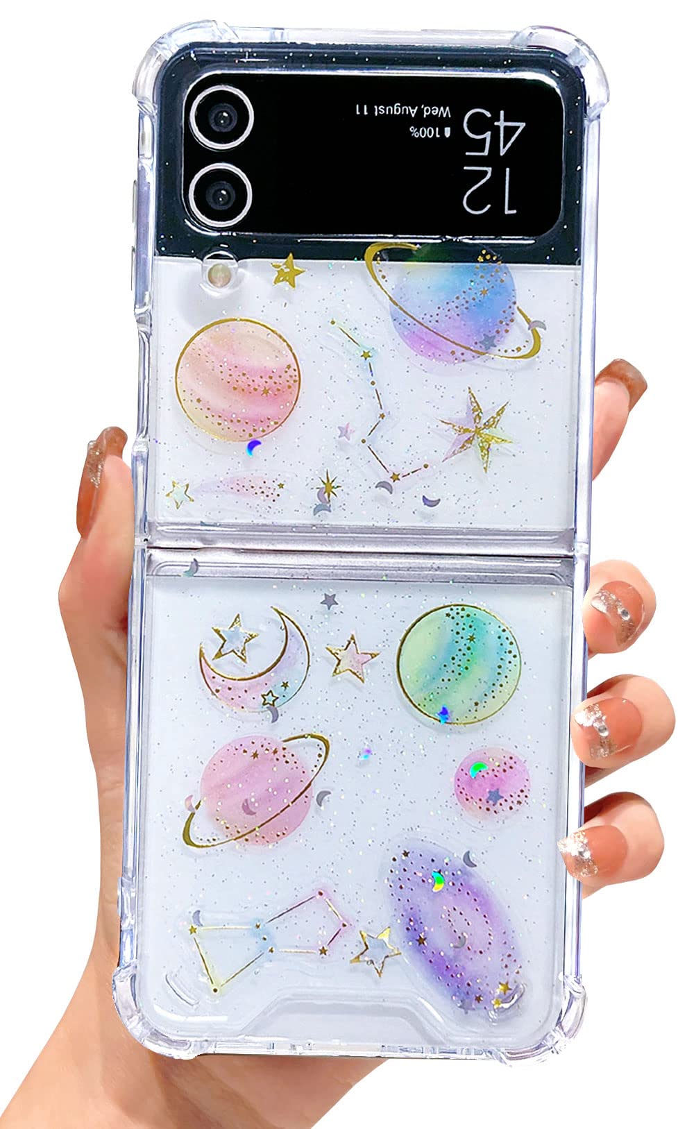 Abbery for Samsung Galaxy Z Flip 3 5G Case Clear with Design Glitter Cute Stars Moon Sparkle TPU & PC Transparent Space Theme Women Aesthetic Case for Samsung Galaxy Z Flip 3 (Stars Moon)