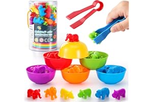 Counting Animals Matching Game for Toddlers, Montessori Sorting & Counting Toy with 36 Animal, 6 Sorting Bowls, 2 Tweezers an