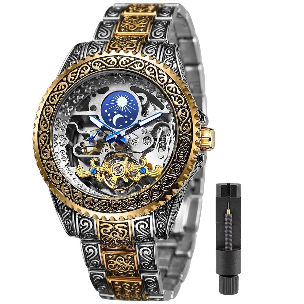 Tiong Mechanical Mens Watches Fashion Automatic Male Clock Blue Stainless Steel Waterproof Business Skeleton Watch…, GMT1220-Gold, Mechanical,Self-winding