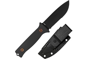 704 Gear Rogue Fixed Blade Knife | Serrated 4.5 inch 14C28N Steel Full Tang Blade, Textured G10 Handle, and Kydex Sheath with Carrying Clip | Black