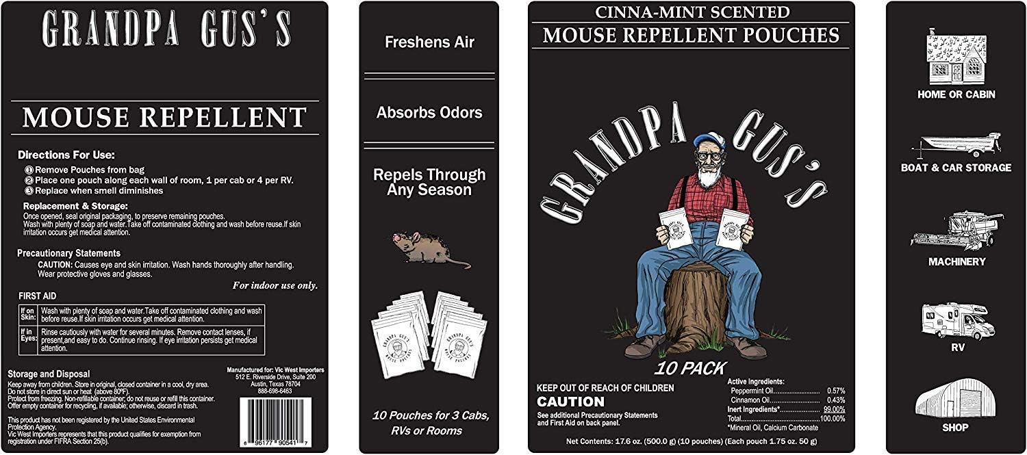 Grandpa Gus's Mouse Repellent Pouches - Natural Peppermint Oil Mice Rodent Trap Alternative - 10 Pk : Garden & Outdoor