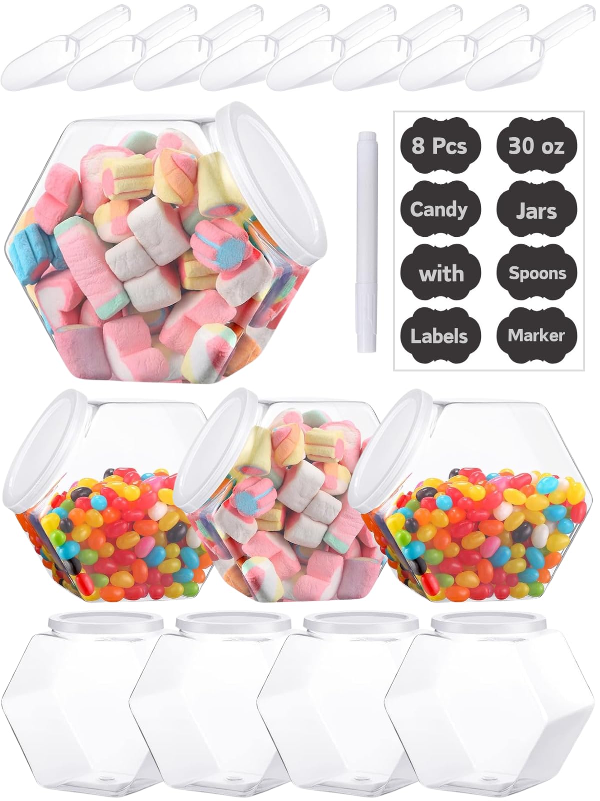 Photo 1 of ONLY 1 --------------------------------------------------------------------------------------------Glazeal 8 Pcs 30oz Plastic Candy Jars with 8 Pcs Spoons, 16 Pcs Label Stickers & 1 Pcs Marker, Hexagon Candy Containers with Lids for Candy Buffet, Kitchen 