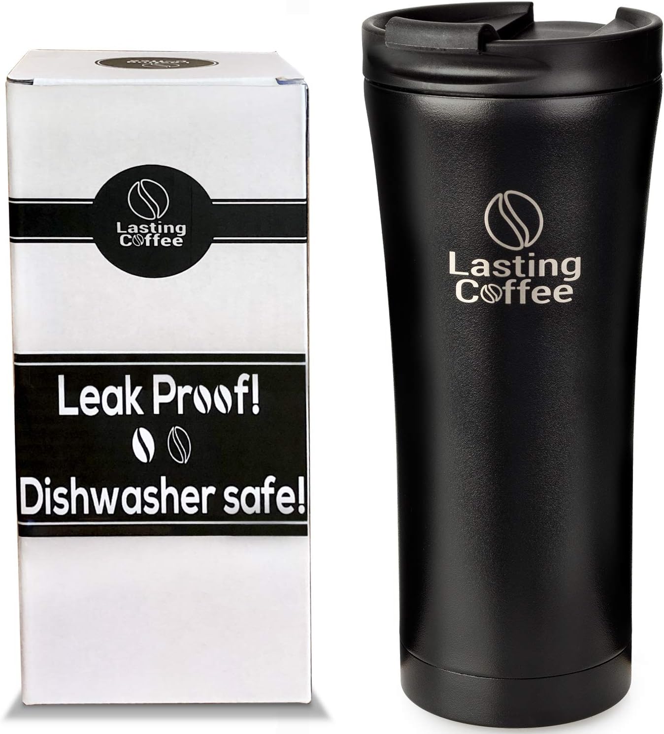 Lasting Coffee Leak Proof Dishwasher Safe Double Wall Vacuum Insulated Stainless Steel Travel Mug, 16 oz (Black)