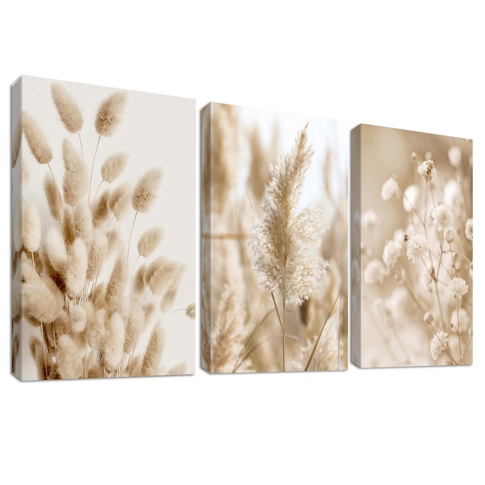 3Pcs Wooden Framed Canvas Wall Art Set Boho Pampas Grass Canvas Prints Nordic Botanical Beige Reeds Floral Painting Pictures for Living Room Bedroom Hallway Stairs Wall Decoration 30x40cm x3pcs — image 1