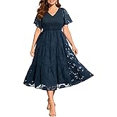 Pinup Fashion Plus Size Fall Wedding Guest Dress - Long Sleeve V Neck Floral Lace Smocked Flowy Tiered Midi Dress