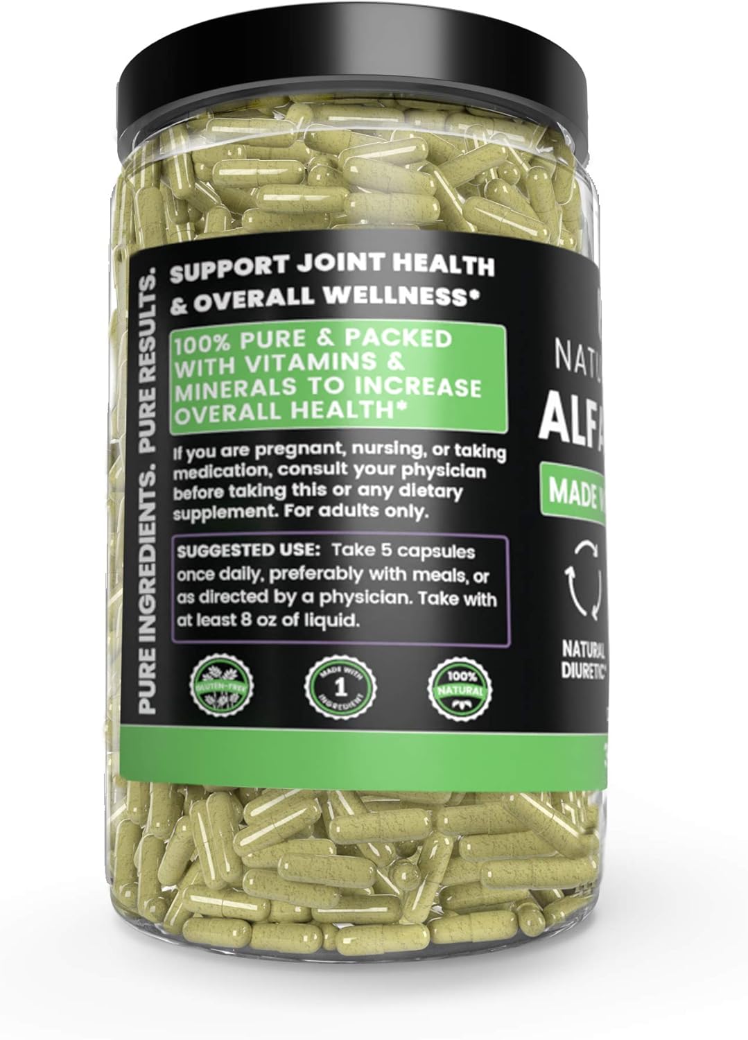 Natural Alfalfa Leaf, 730 Capsules, 3-Month Supply, No Stearates or Rice Filler, Made in USA, Pure and Gluten-Free, 1000 mg of Potent & Undiluted Alfalfa Leaf per Serving with No Additives: Health & Personal Care