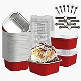 OBXMLFY Mini Cake Pans With Lids 5oz, 50 Pack Mini Loaf Pans with Lids, Aluminum Foil Baking Cups, Disposable Square Brownie Baking Cupcake, Dessert Cups for Wedding, Birthday, Party, Picnics (Red)