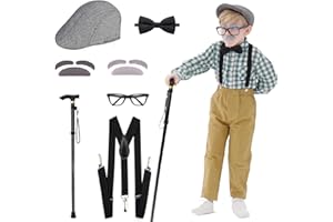 Aimeiar Kids 100 Days of School Costume for Boys - Halloween Old Man Costume Hat Glasses and Grandpa Vest Set for Child