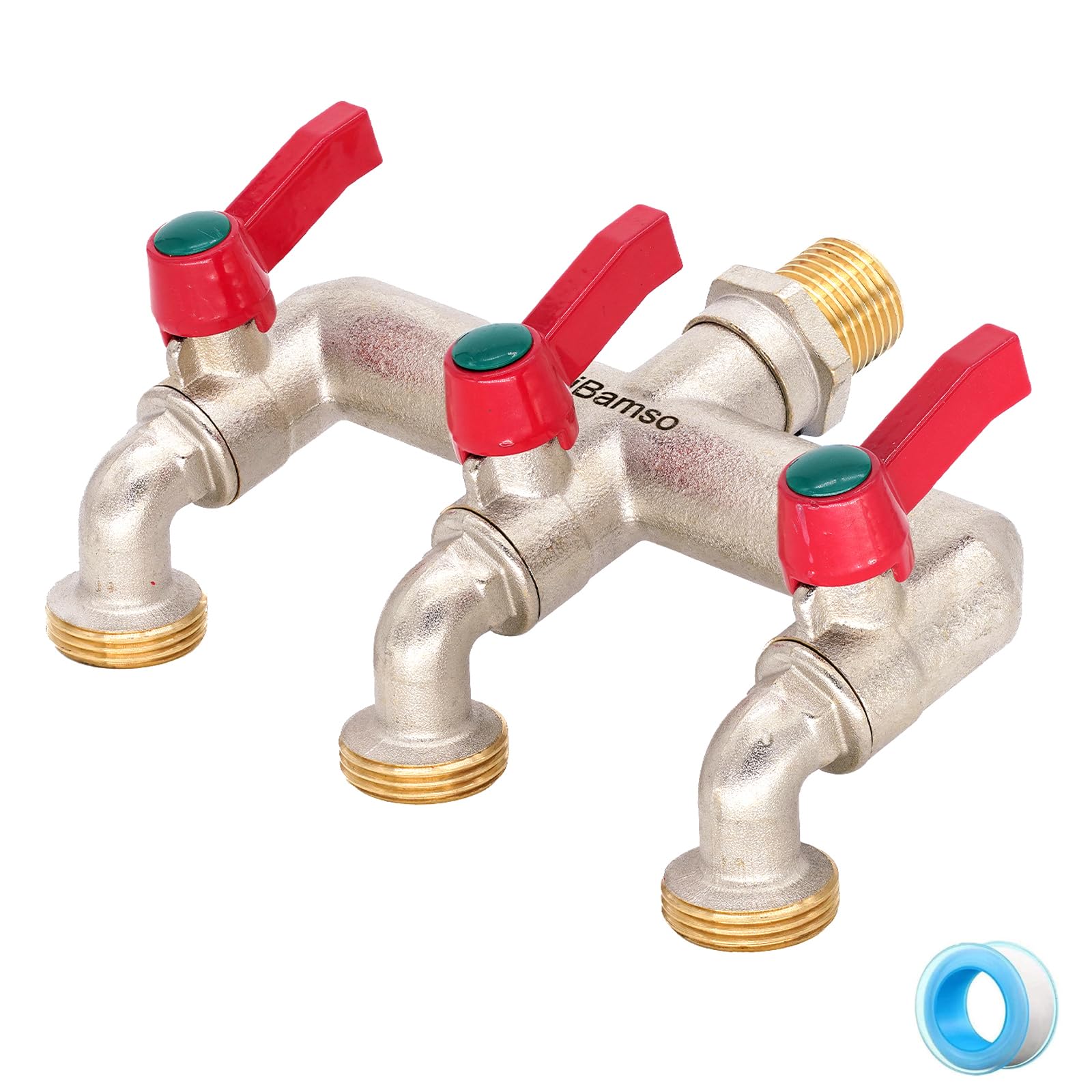 iBamso 1/2'' Brass 3-Way Water Tap and Splitter 2 in 1, 1/2 Inch Inlet and Three 3/4 Inch Outlet Hose Connector with On/Off Valves
