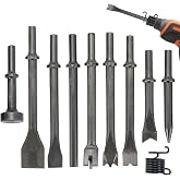 MAOPINER 10 Pcs Air Hammer Chisel Set, 0.401 Inch Shank Heavy Duty Chisels | High Carbon Steel Pneumatic Bits for Automotive Repair, Metalwork, Rivet Removal, Includes Spring Retainer