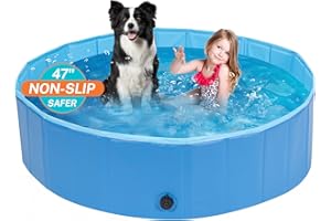 Jazzy Fuzzy Foldable Pool for Large Dogs, 6MM Thickened PP Board, 3 Layers Mesh PVC & Non-Slip Embossed PVC, Collapsible Hard Plastic Summer Swimming Pool, Portable Bath Tub for Pets Cats 47''
