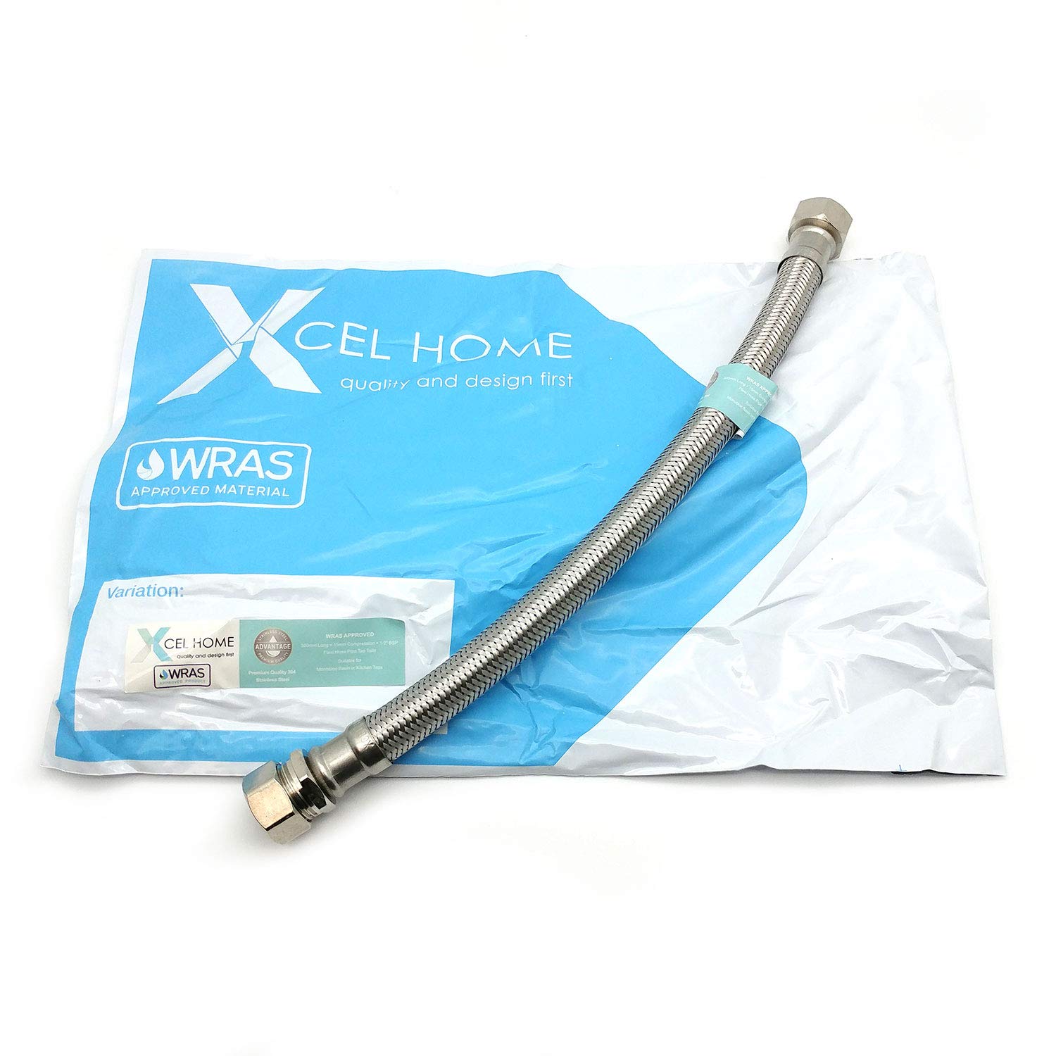 Xcel Home™ 1x WRAS Approved 15mm Compression x 1/2" BSP (300mm Long) Flexible Tap Connector Pipes | Monobloc Mixer Tap Connectors Kitchen Sink/Bathroom Basin Stainless Steel Braided Flexi Pipe Tails