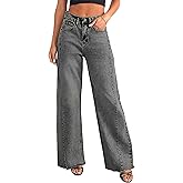 KICZOY Women's Wide Leg Jeans Baggy High Waist Boyfriends Strechy Raw Hem Denim Pants