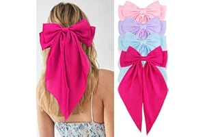 Velscrun Women's & Girls' 4-Pack Silky & Satin Hair Bows - Pink, Purple, Blue - Coquette, Oversized, Long Tail Bows - Barrettes & Clips - Christmas Gifts