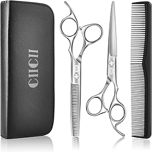 CIICII Friseurschere, Haarschneideschere Profi Set (6,7 Zoll Haarschere & Effilierschere) Haar Bart Trimmen Formung Pflege für Männer Frauen Haustiere Familie Friseursalon (Silber)