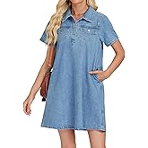 EZAPINE Womens Denim Shirt Dress Summer Collared V Neck Mini Casual Jean Dresses with Pockets