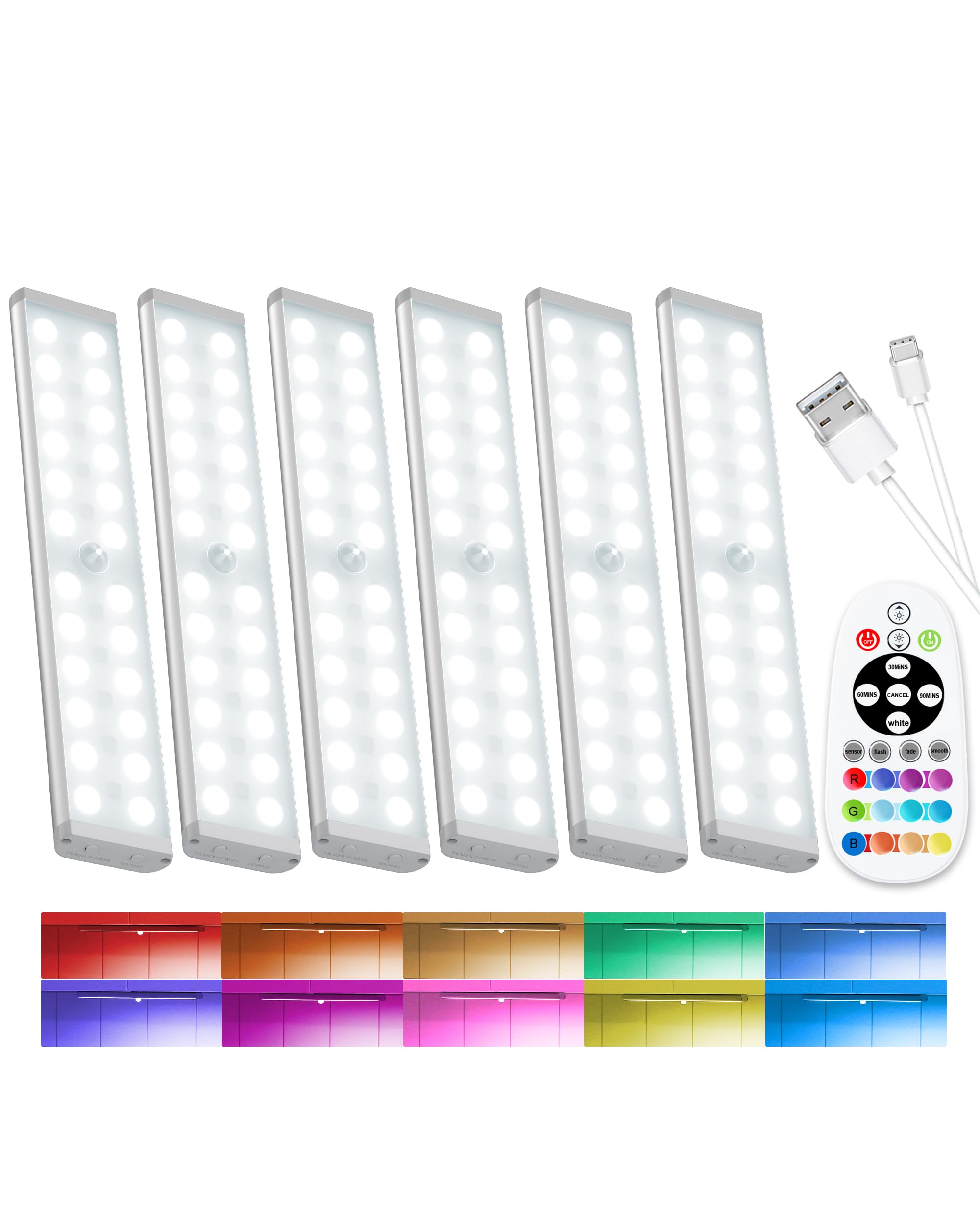 Kasanfe Under Cabinet Kitchen Lights Wireless, 58-LED RGB Motion Sensor Lights Indoor Rechargeable, Dimmable Closet Lights Remote, Under Counter Lights for Shelf Pantry Desk (6 Packs)
