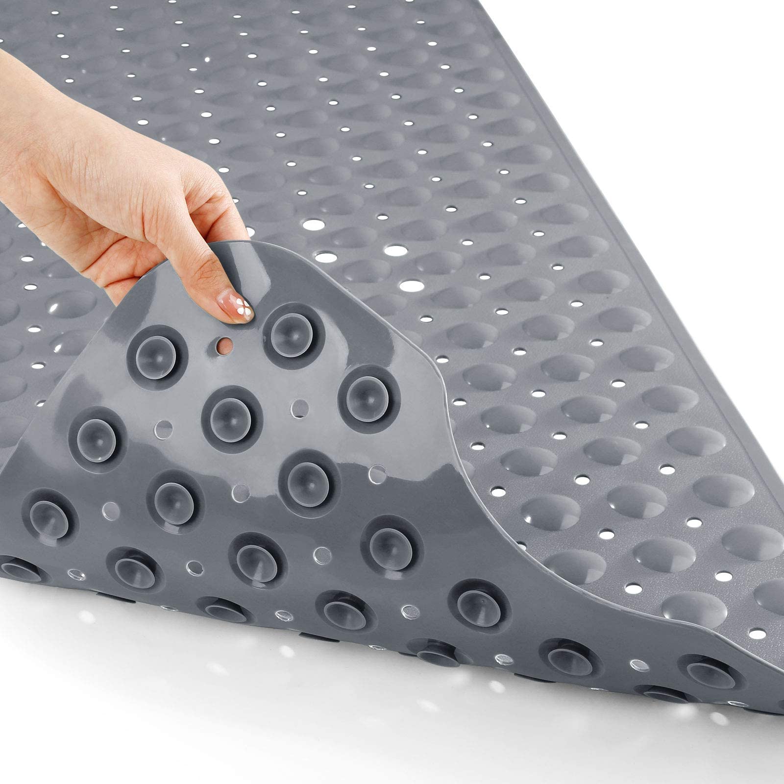 Yimobra Bath Mat 100 x 40 cm, Extra Long Non-Slip Shower Mats with Drain Holes and Suction Cups, Machine Washable, Bathtub Mats Ideal for Elderly & Children, Soft on Feet, Grey
