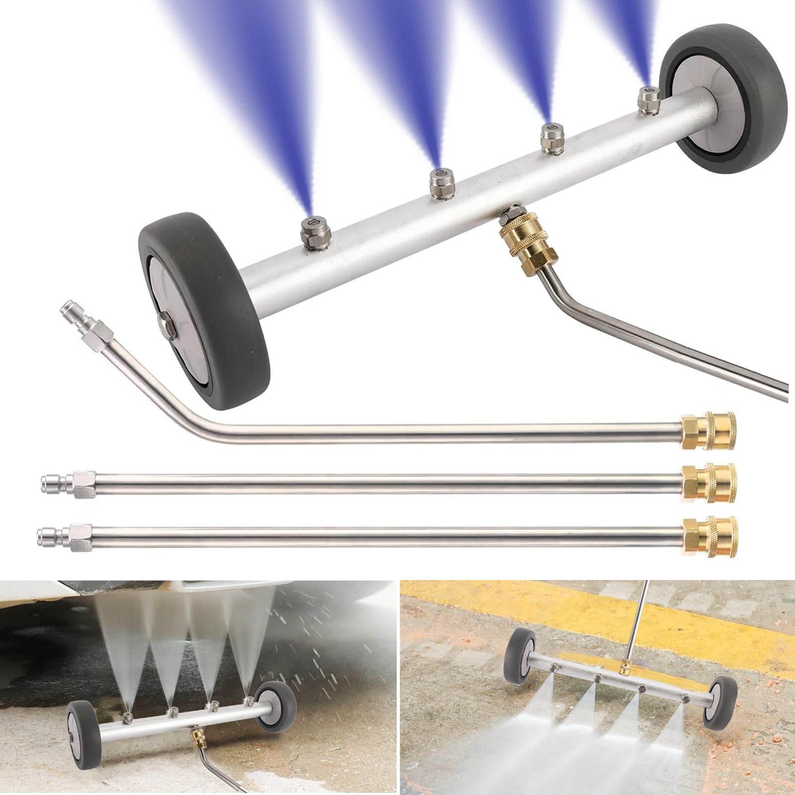 Water Broom for Pressure Washer, Dual-Function Undercarriage Cleaner 16 Inch Underbody Car Wash Water Broom 4 Nozzles with 3 Pieces Extension Wand 4000 PSI (Silver)