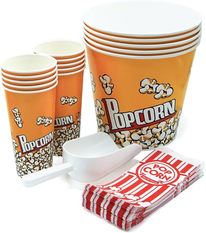 Set of 50+ Popcorn containers 5 Buckets (170oz) 10 Cups (24oz) 35 Paper Bags