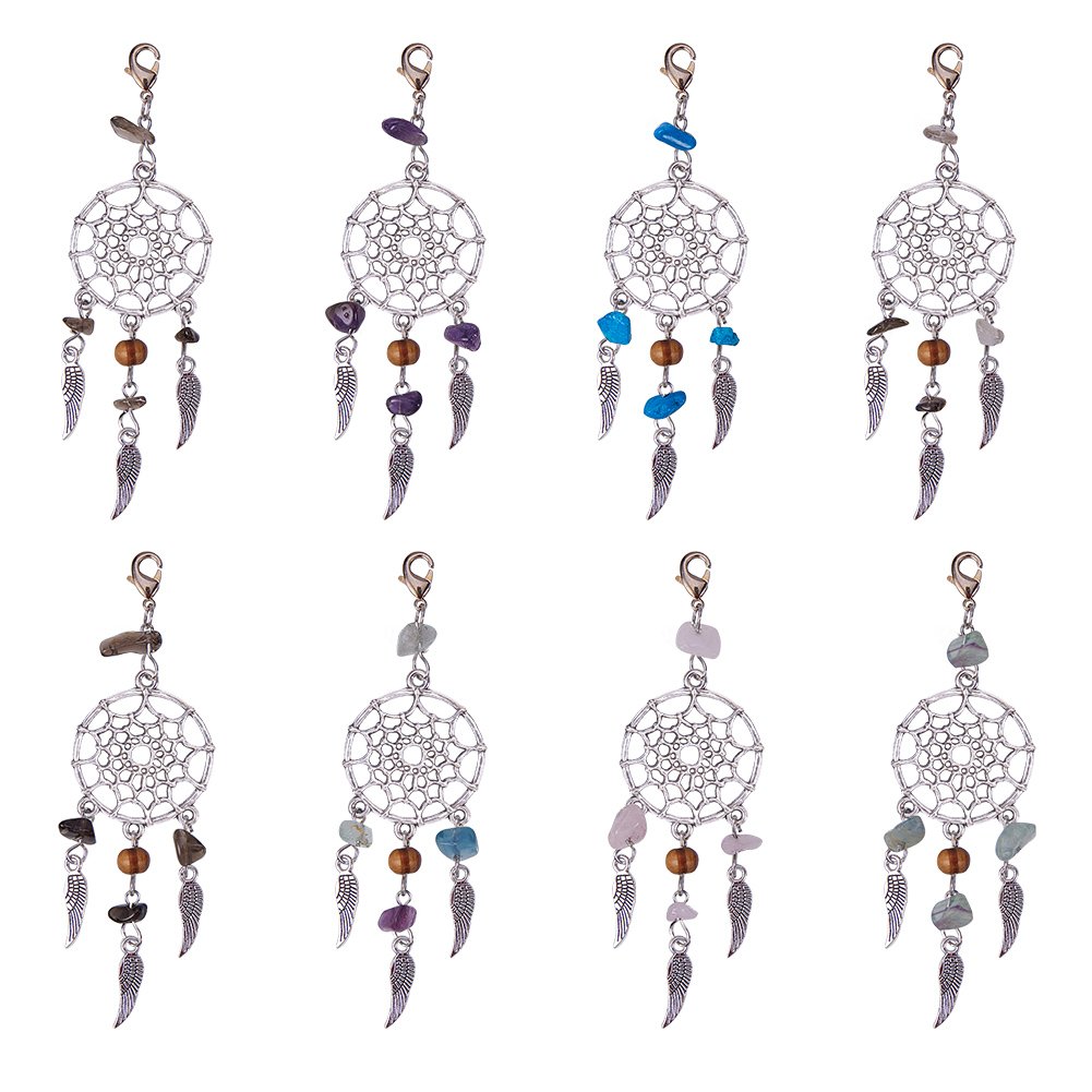 NBEADS 30 Pcs Alloy Dream Catcher Dreamcatcher Charms Pendants with Feathers Tassels Mixed Stone Beads Inlaid Retro Jewelry for Jewellery Making