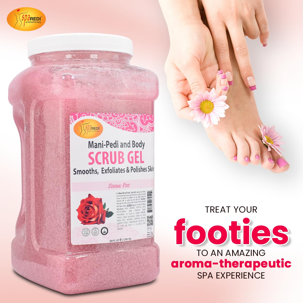 SPA REDI – Sensual Rose Pumice Scrub Gel, Exfoliating, Hydrating & Nourishing, Infused with Hyaluronic Acid, Amino Acids, Panthenol and Comfrey Extract for Glowy Smooth Skin – 128oz Gallon