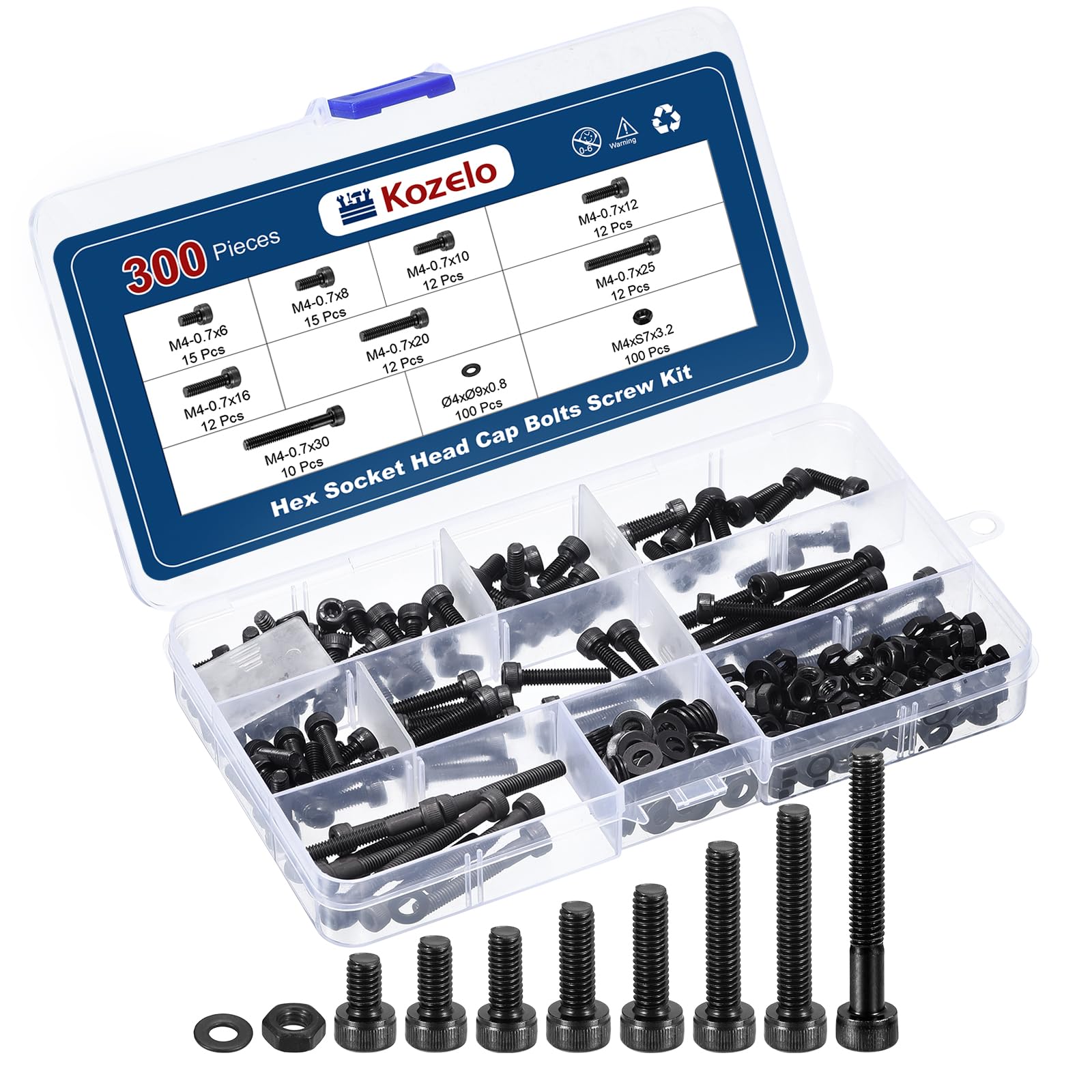 Kozelo 300pcs M4 Socket Head Cap Screws Bolts Nuts Assortment Kit - [M4x6/8/10/12/16/20/25/30mm] Alloy Steel Fully Threaded Black Oxide 12.9 Internal Hex Screw for 3D Printer Use — image 1