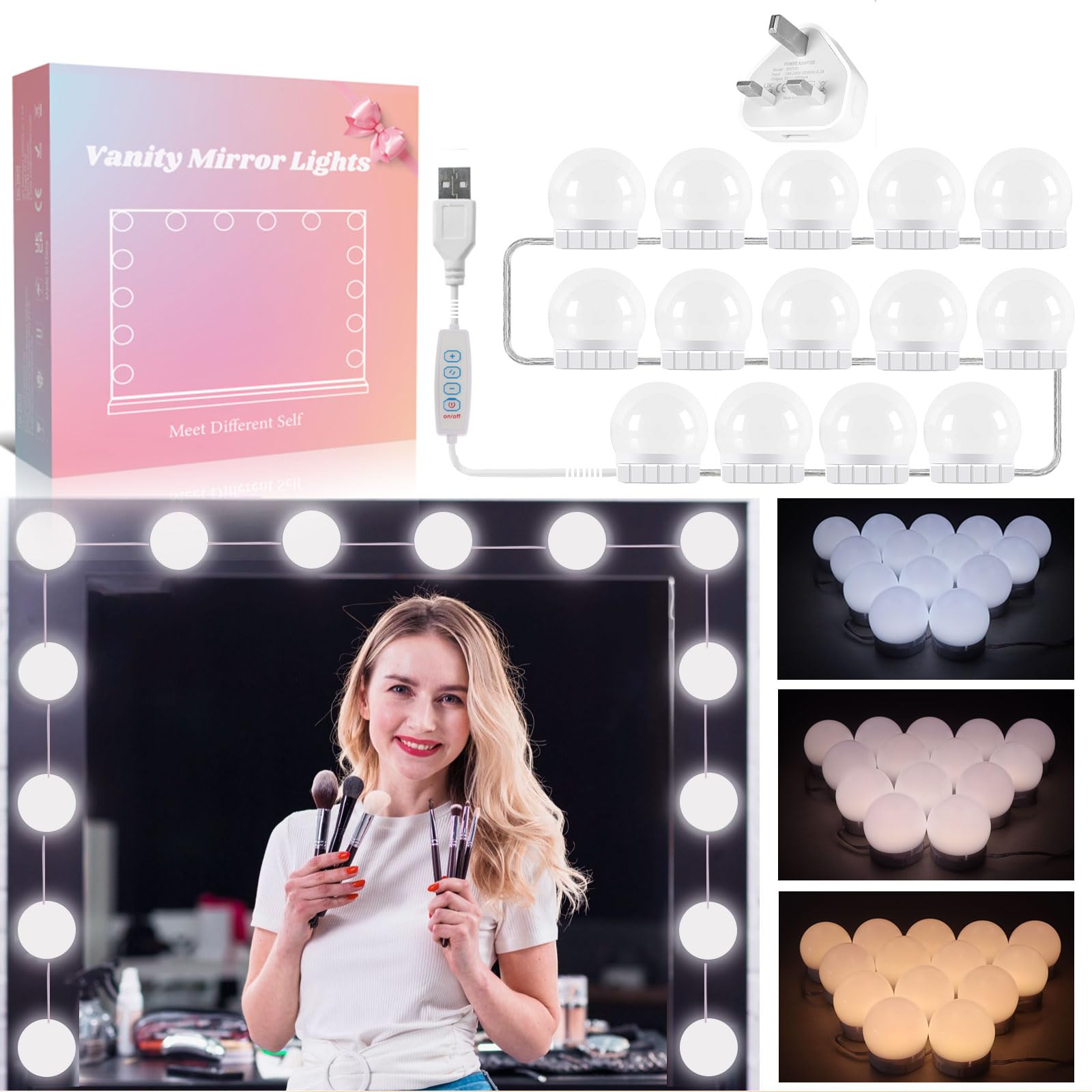 Akynite Vanity Mirror Lights Stick On with Adapter, USB Hollywood Mirror Lights with Cable, 3 Colors & 10 Brightness, 14 Dimmable LED Bulbs for Long Mirror, DIY Dressing Table Lighting — image 1