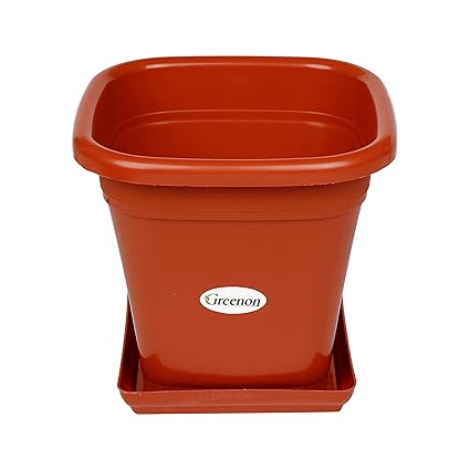 GREENON | 10 Inch Square Planter Pot | Pack of 10 | with Bottom Tray | Terracotta Flower Pot | Solid Plant Container | UV Treated | Virgin Plastic Gamla | Best for Indoor | Phuldani