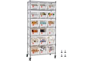 VEVOR 7-Tier Rolling Bin Storage Rack, 18 Organizer Bins, Bin Rack Storage Steel Wire Shelving System with Wheels, Mobile Too