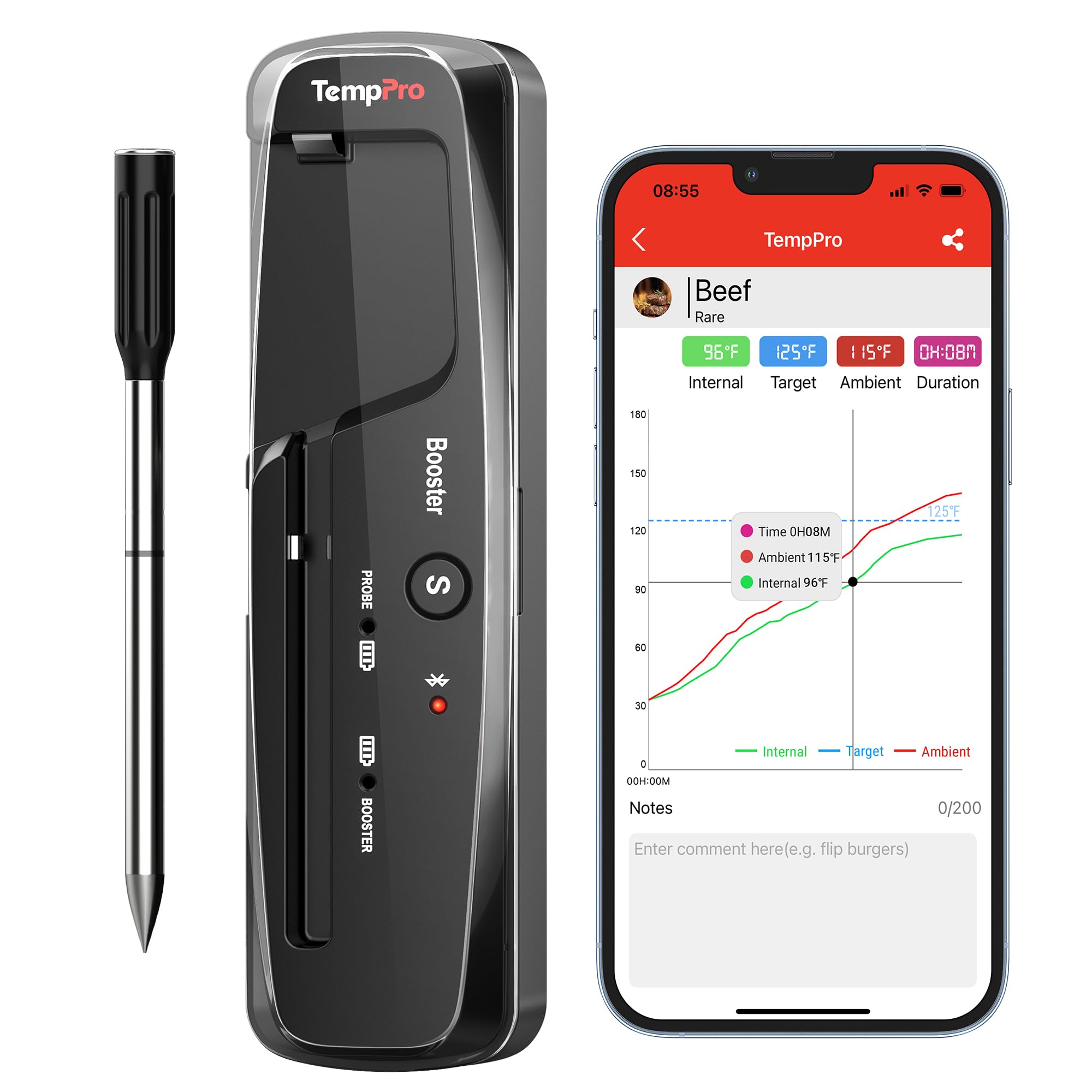 Photo 1 of TempPro 500-ft-Ranged Wireless Meat Thermometer, Bluetooth Food Thermometer with Temperature Alarm, Digital Cooking Thermometer for Oven, Grill, Kitchen, BBQ, Smoker & Rotisserie