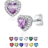 Dainty Sterling Silver Birthstone Stud Earrings, Heart Crystal Stud Earring, Jan - Dec Birthday Gift for women/Come with Box