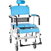 Reclining Shower Wheelchair with Commode Bucket | Bathroom Waterproof Rolling Shower Chair with Wheels, for Seniors, Elderly and Disabled, Supports 300 LBS