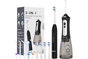 H2ofloss Sonic Electric Toothbrush and Water Flosser Combo, Rechargeable 2000mAh Toothbrush and 2500mAh Oral Irrigator with 300ml Tank, 4 Brush Heads, 5 Nozzles, 2 in 1 for Home and Travel (Black)