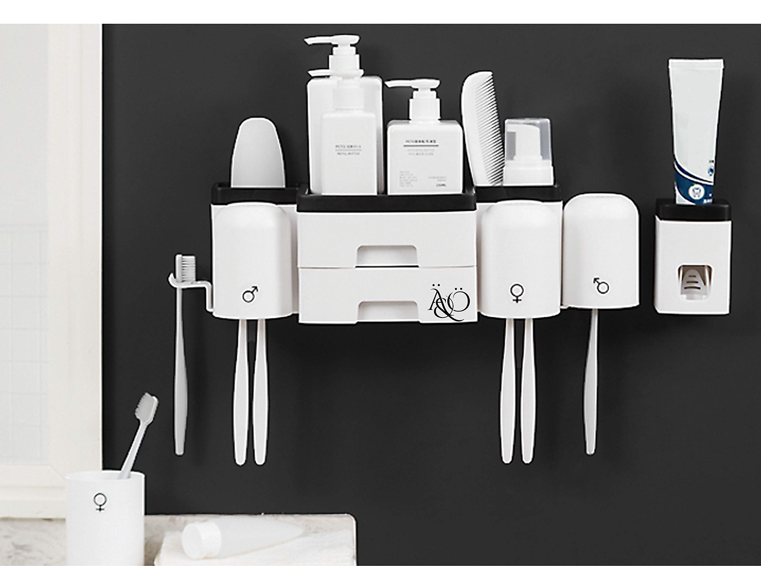 A&O Automatic Toothpaste Dispenser Squeezer Wall Mount and Toothbrush Holder, Multifunctional-Space Saving-Cosmetic organiser drawer, 8Toothbrush Slots, 4Cups No Drill Need